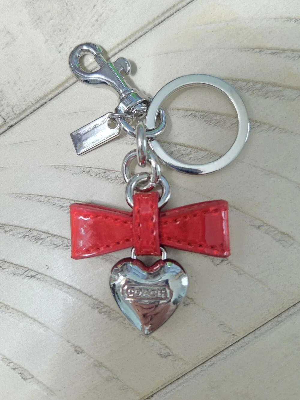 COACH Red Patent Leather Bow Metallic Heart Bag Charm Keychain Key Fob, NWOT